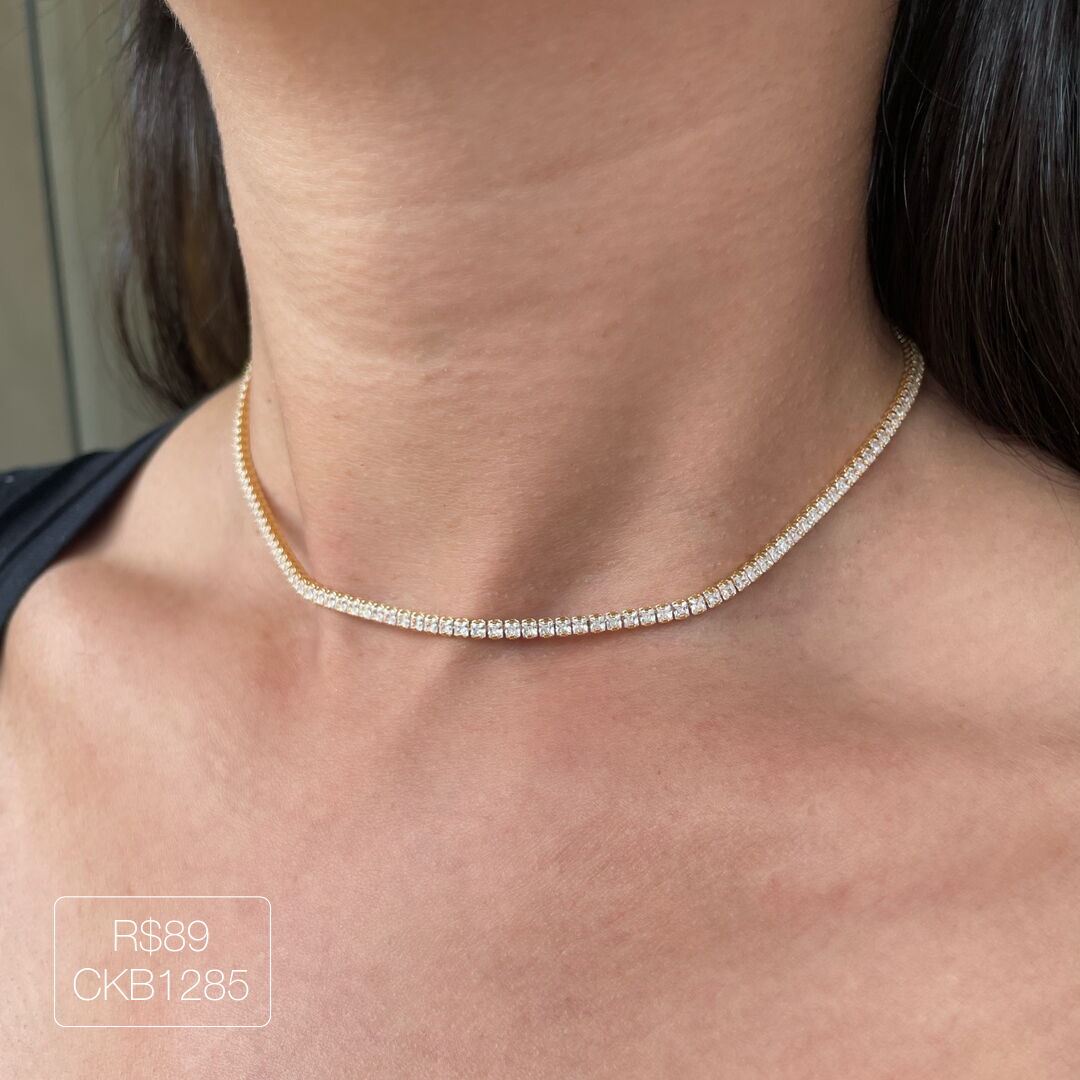 Choker Riviera Carré 2mm Cristal Dourada